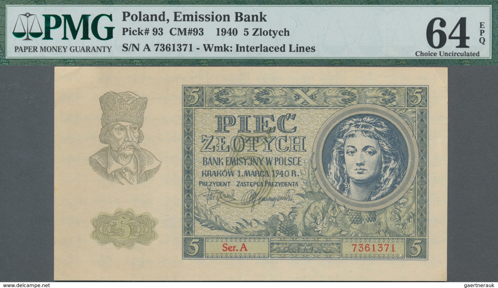 Poland / Polen: Emission Bank 5 Zlotych 1940, P.93, Serial Number Ser.A 7361371, PMG Graded 64 Choic - Poland