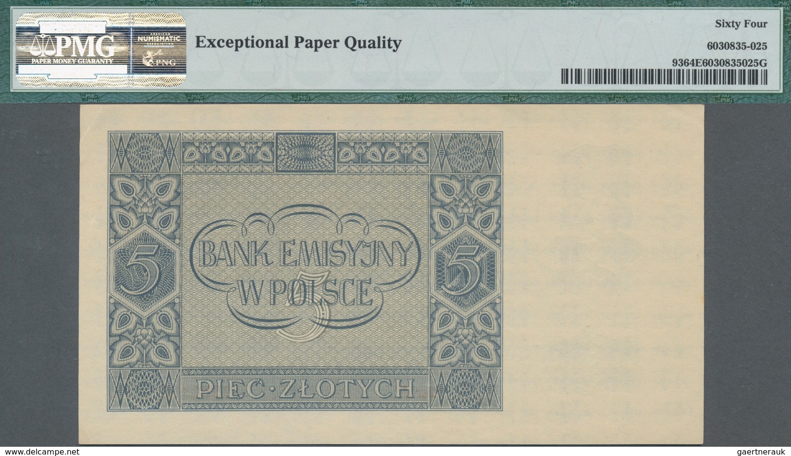 Poland / Polen: Emission Bank 5 Zlotych 1940, P.93, Serial Number Ser.A 7361371, PMG Graded 64 Choic - Polen