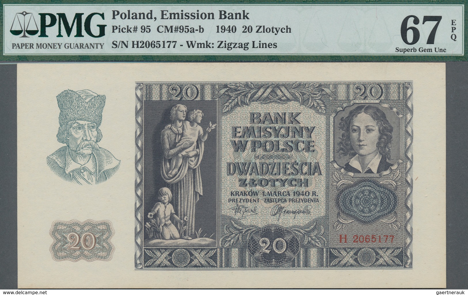 Poland / Polen: Emission Bank 20 Zlotych 1940, P.95, Serial Number H2065177, PMG Graded 67 Superb Ge - Pologne