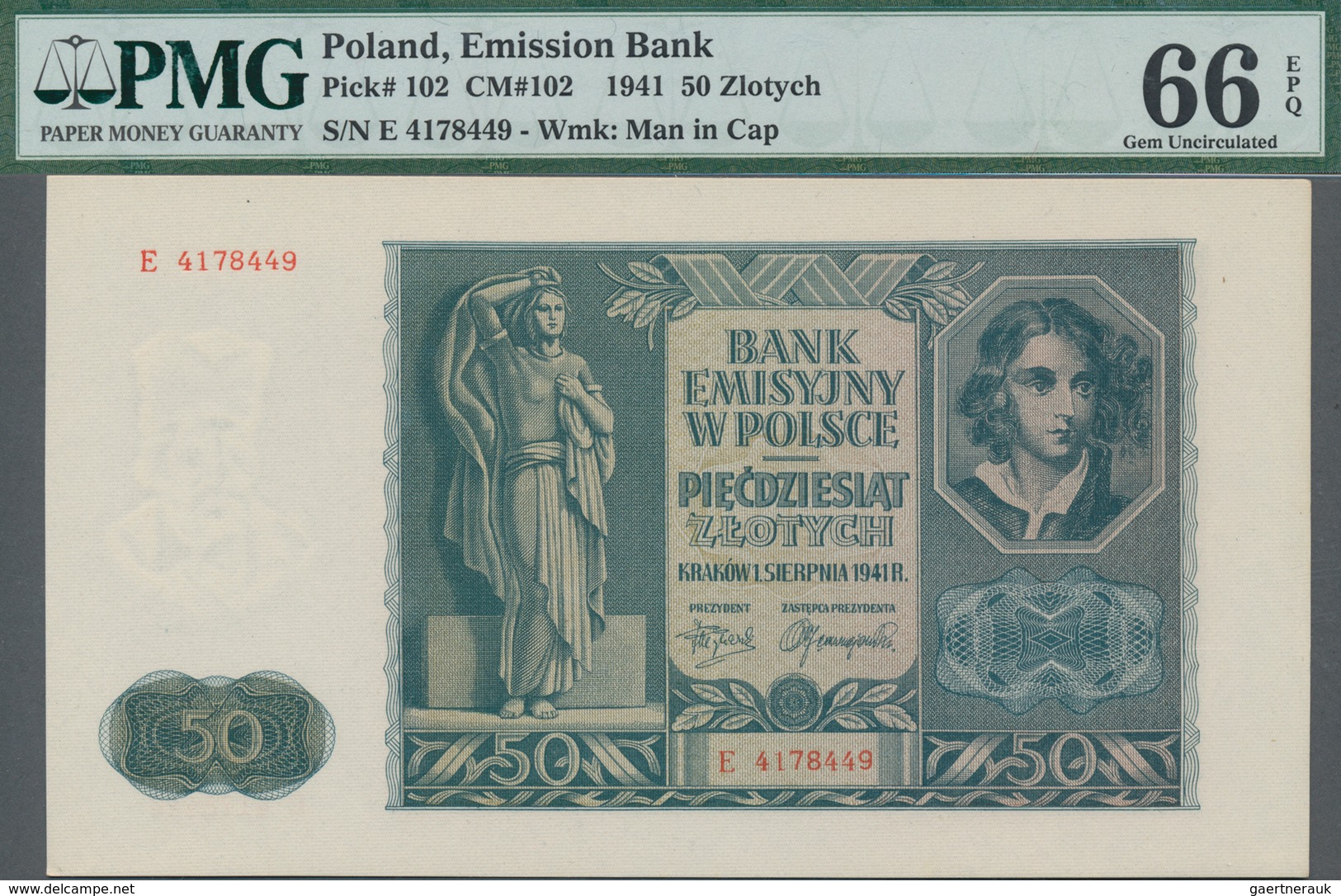 Poland / Polen: Emission Bank 50 Zlotych 1941, P.102, Serial Number E4178449, PMG Graded 66 Gem Unci - Poland