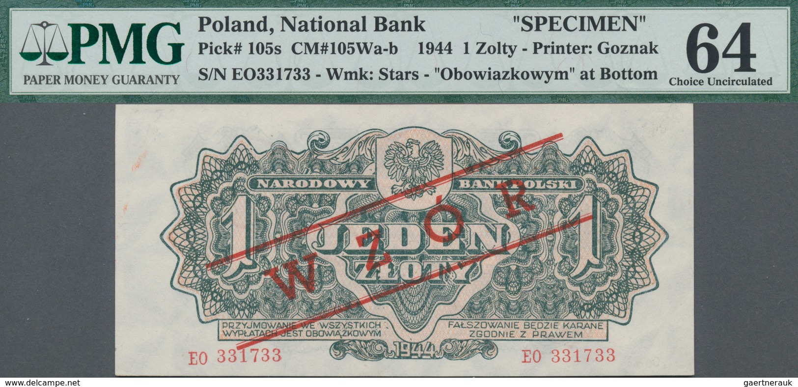 Poland / Polen: 1 Zloty 1944 SPECIMEN, Last Word In Text At Lower Margin Spelled As "OBOWIAZKOWYM" ( - Poland