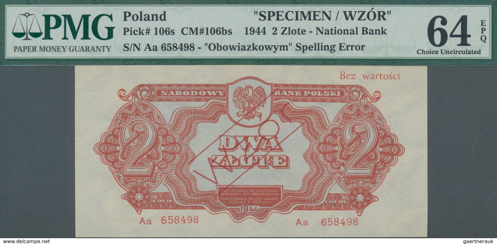 Poland / Polen: 2 Zlote 1944 SPECIMEN, Last Word In Text At Lower Margin Spelled As "OBOWIAZKOWYM" ( - Poland