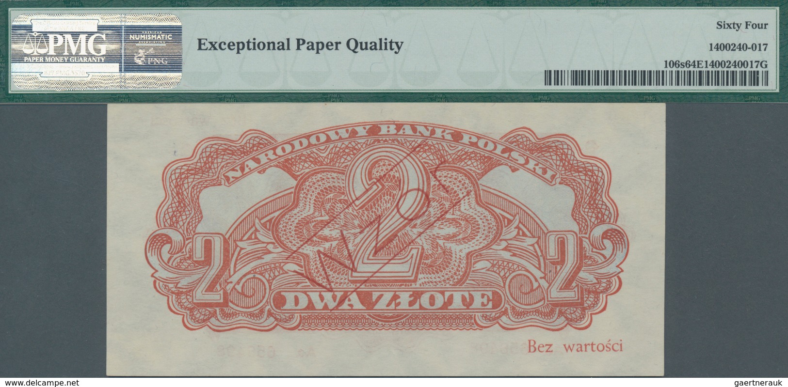 Poland / Polen: 2 Zlote 1944 SPECIMEN, Last Word In Text At Lower Margin Spelled As "OBOWIAZKOWYM" ( - Poland