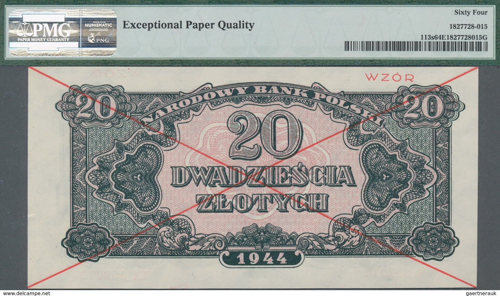 Poland / Polen: 20 Zlotych 1944 SPECIMEN, Last Word In Text Spelled As "OBOWIAZKOWE"" (correct; Prin - Pologne
