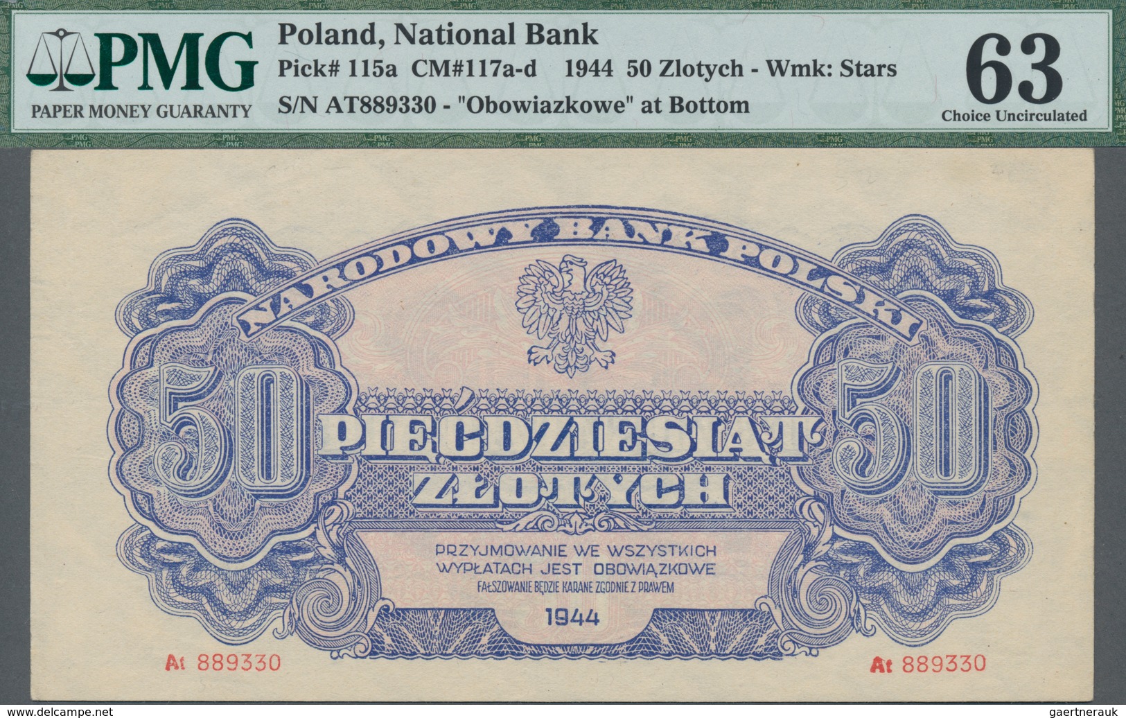 Poland / Polen: 50 Zlotych 1944, Last Word In Text Spelled As "OBOWIAZKOWE"" (correct; Printer: Naro - Polen