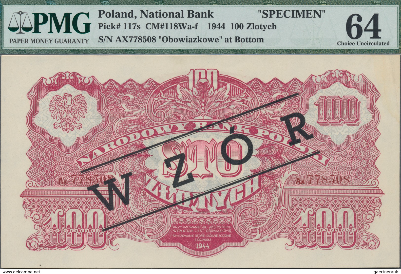 Poland / Polen: 100 Zlotych 1944 SPECIMEN, Last Word In Text Spelled As "OBOWIAZKOWE"" (correct; Pri - Pologne