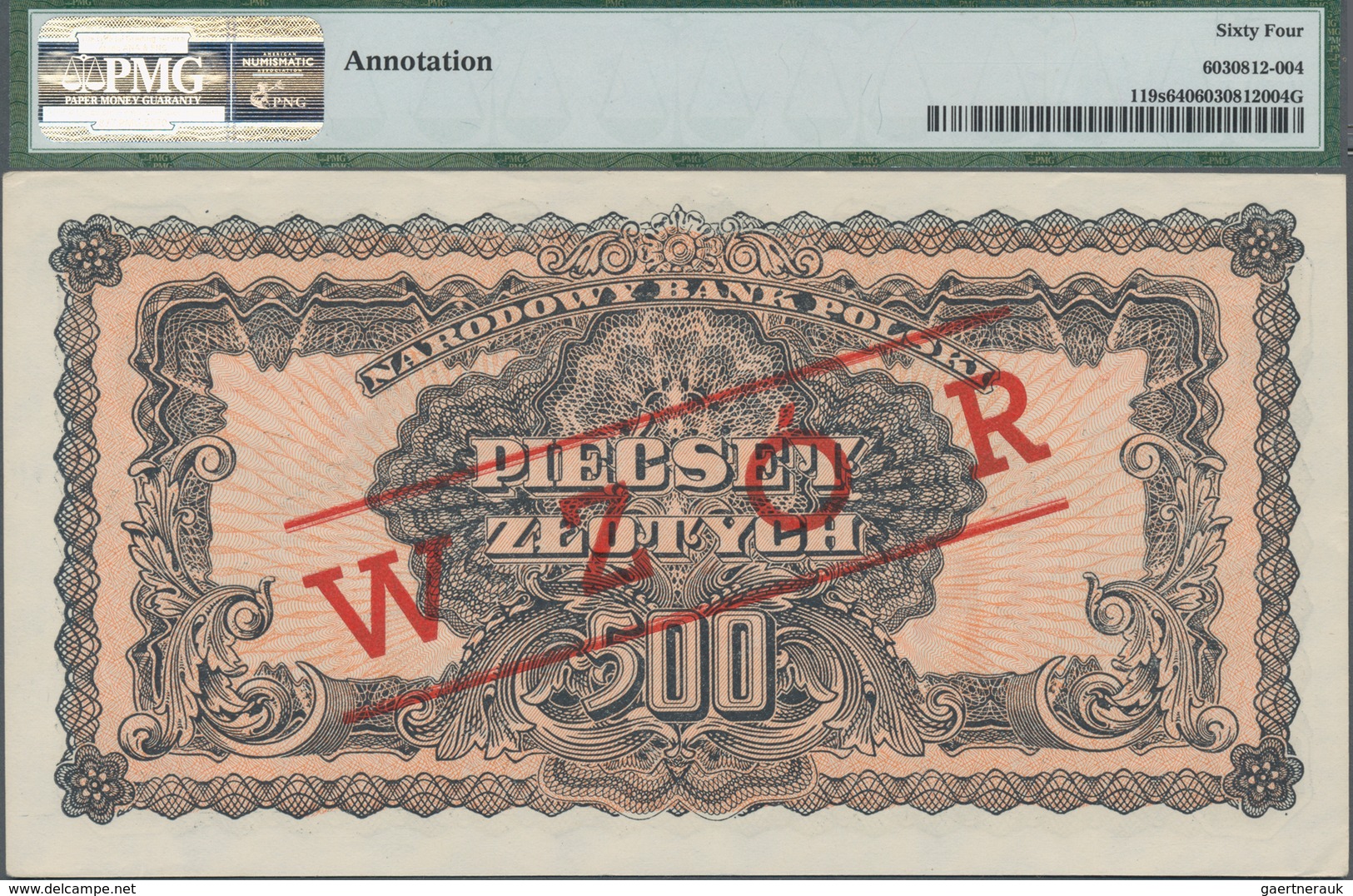 Poland / Polen: 500 Zlotych 1944 SPECIMEN, Last Word In Text Spelled As "OBOWIAZKOWE"" (correct; Pri - Polen