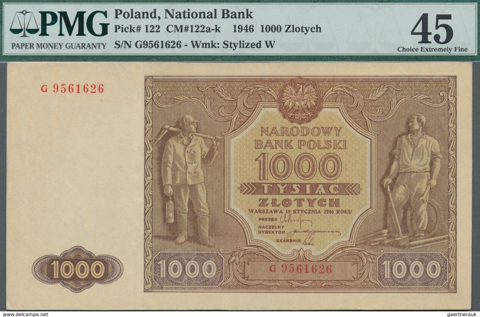 Poland / Polen: 1000 Zlotych 1946, P.122, Serial Number G9561626, PMG Graded 45 Choice Extremely Fin - Pologne