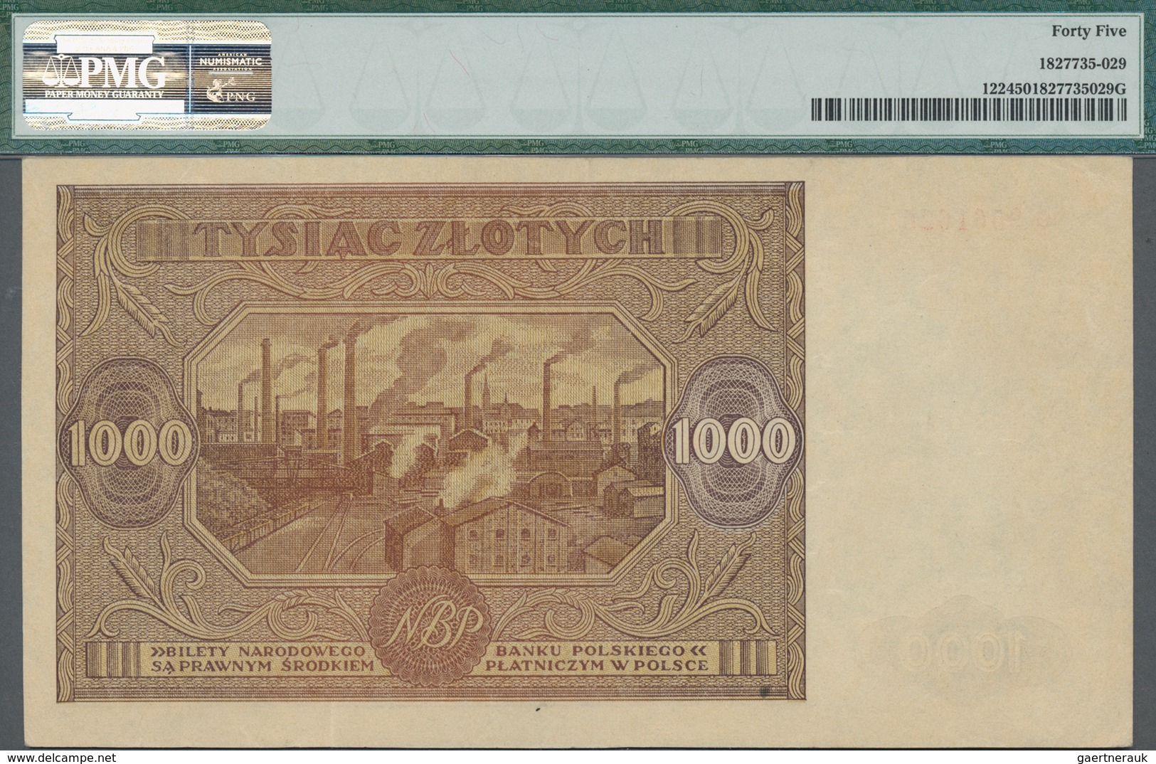 Poland / Polen: 1000 Zlotych 1946, P.122, Serial Number G9561626, PMG Graded 45 Choice Extremely Fin - Pologne