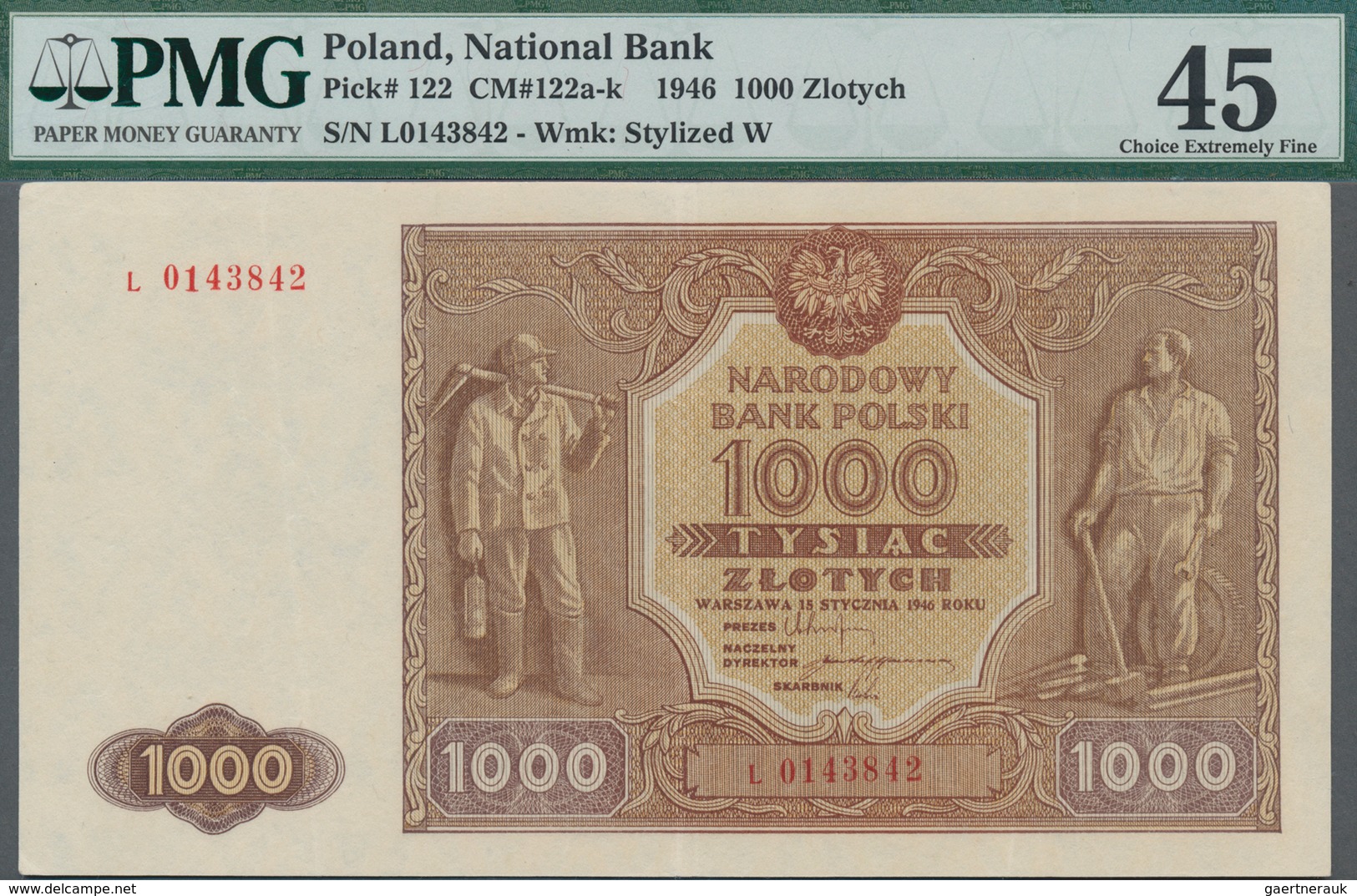 Poland / Polen: 1000 Zlotych 1946, P.122, Serial Number L 0143842, PMG Graded 45 Choice Extremely Fi - Polen