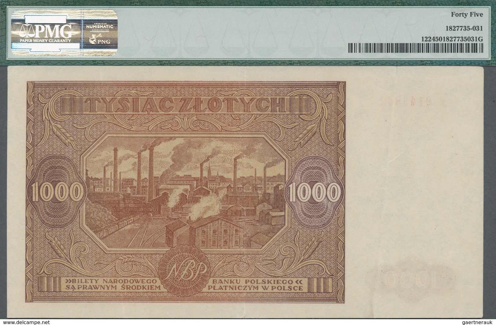 Poland / Polen: 1000 Zlotych 1946, P.122, Serial Number L 0143842, PMG Graded 45 Choice Extremely Fi - Poland