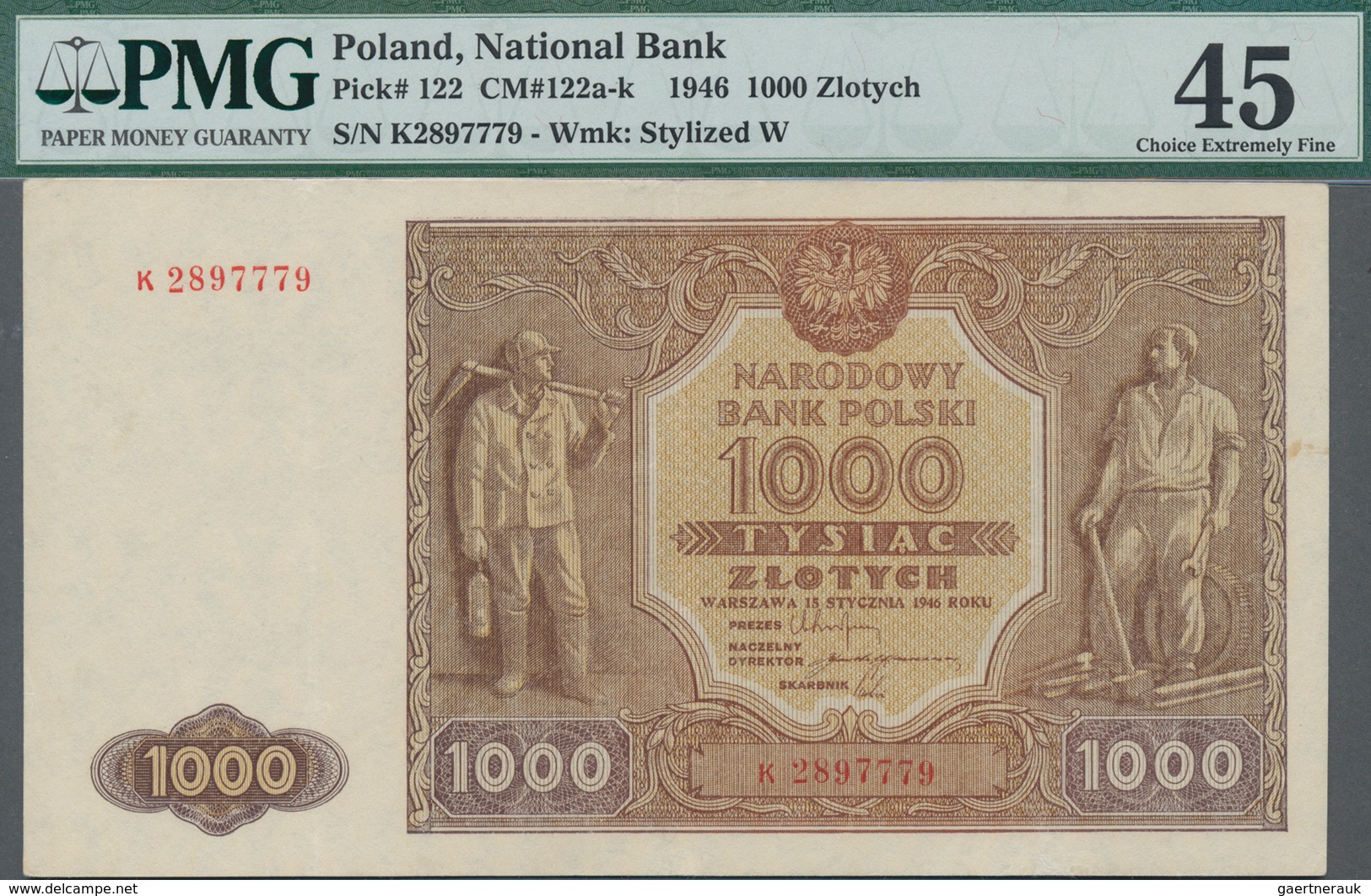 Poland / Polen: 1000 Zlotych 1946, P.122, Serial Number K2897779, PMG Graded 45 Choice Extremely Fin - Poland