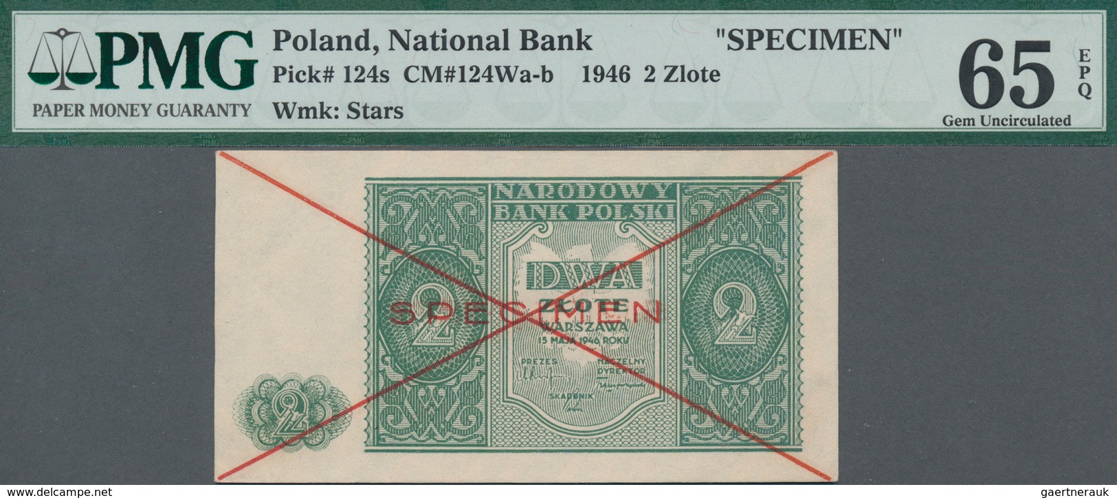 Poland / Polen: 2 Zlote 1946 SPECIMEN, P.124s, Cross Cancellation And Red Overprint "Specimen", PMG - Poland