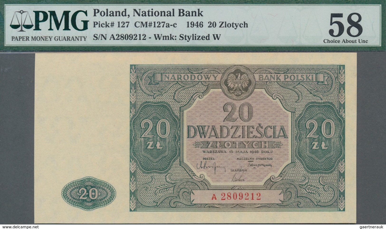 Poland / Polen: 20 Zlotych 1946, P.127, Serial Number A2809212, PMG Graded 58 Choice About Unc. - Poland