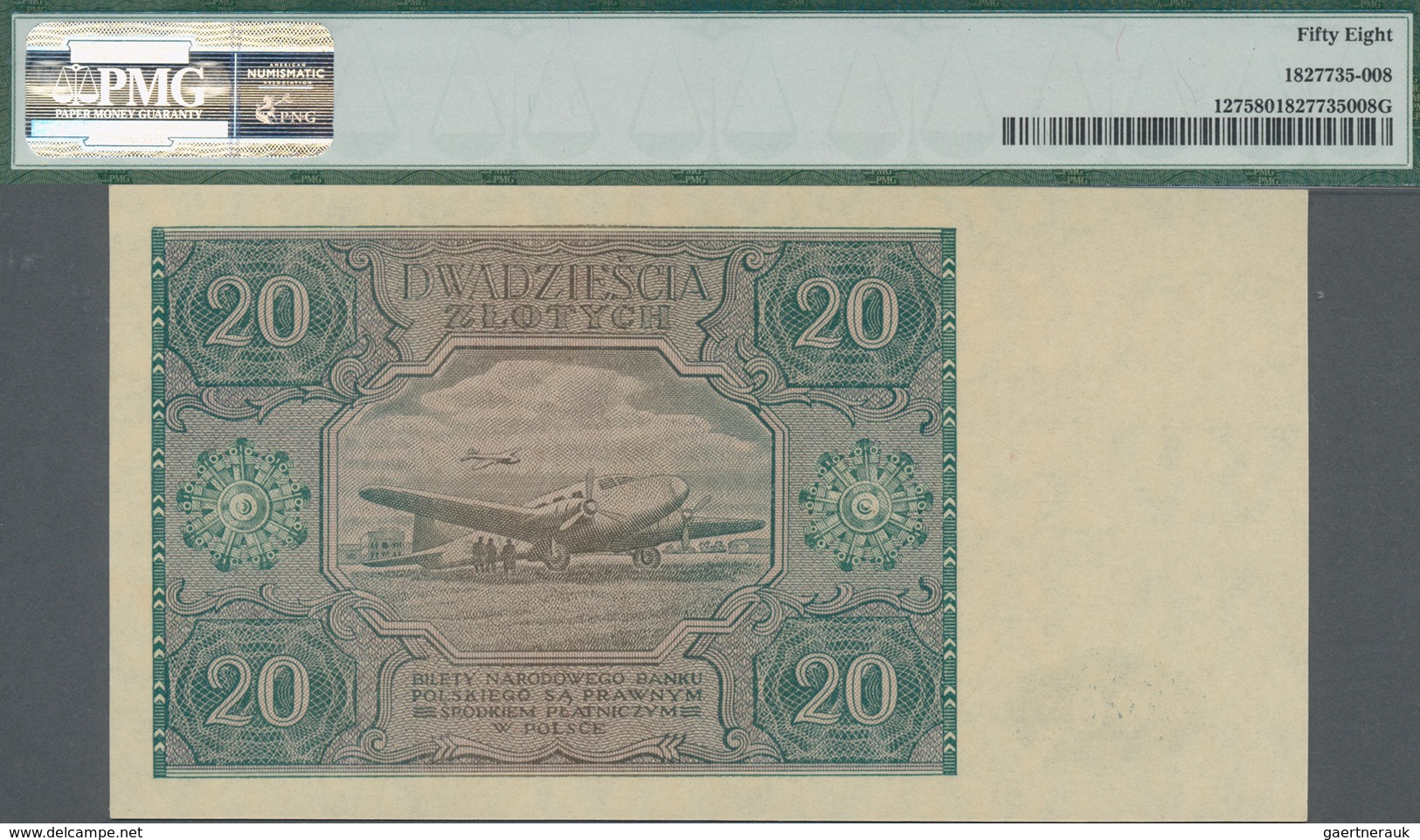 Poland / Polen: 20 Zlotych 1946, P.127, Serial Number A2809212, PMG Graded 58 Choice About Unc. - Poland