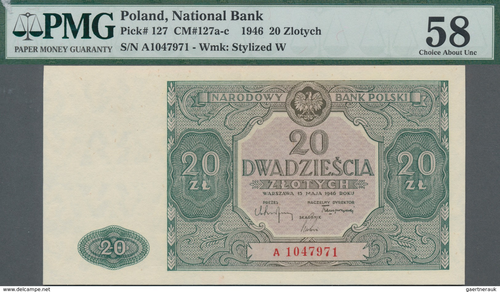 Poland / Polen: 20 Zlotych 1946, P.127, Serial Number A1047971, PMG Graded 58 Choice About Unc. - Poland