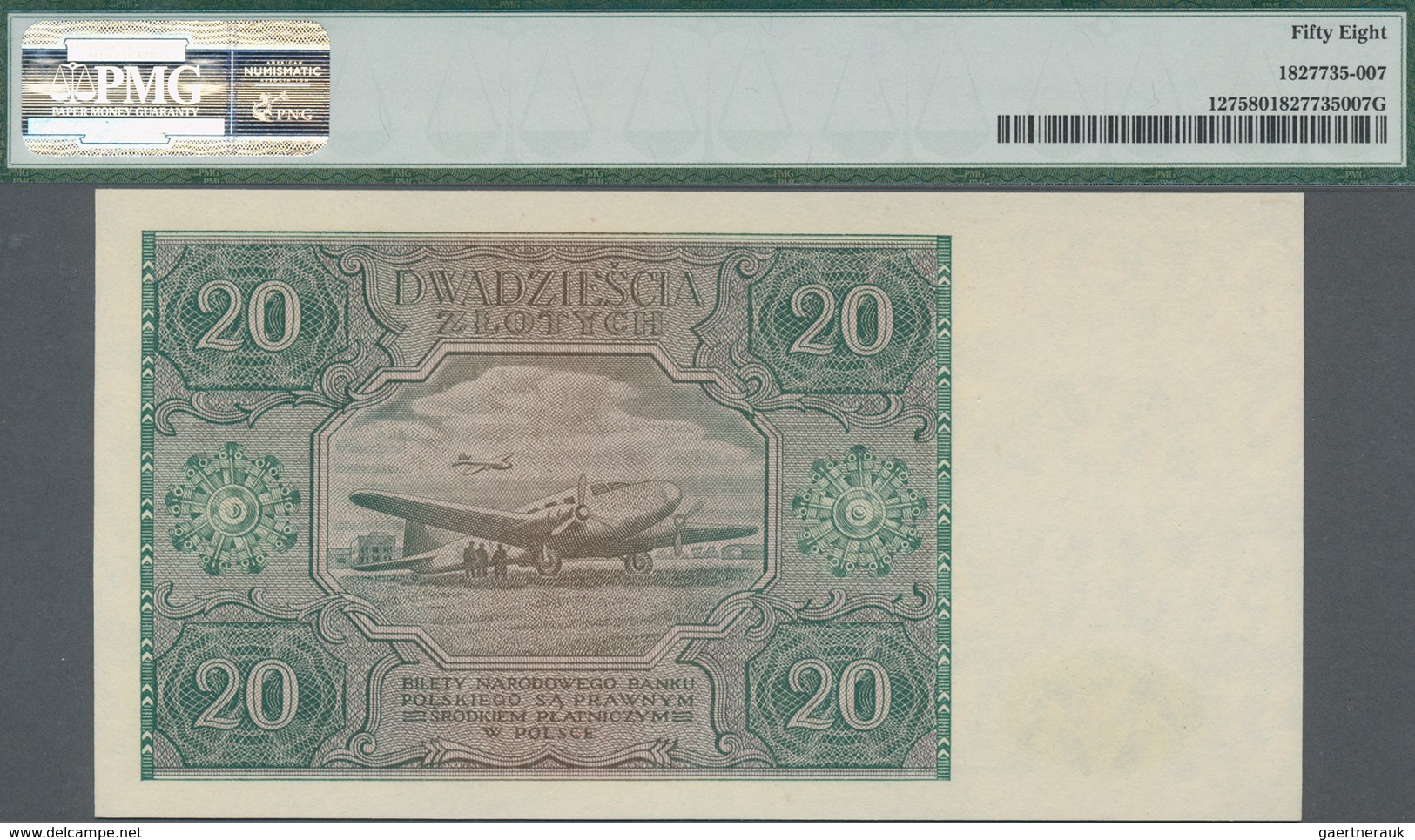 Poland / Polen: 20 Zlotych 1946, P.127, Serial Number A1047971, PMG Graded 58 Choice About Unc. - Poland