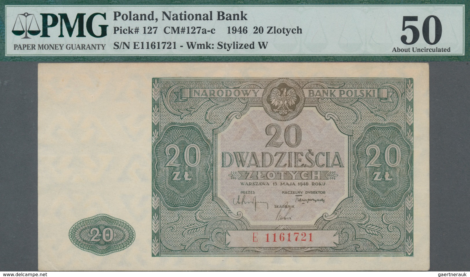 Poland / Polen: 20 Zlotych 1946, P.127, Serial Number E1161721, PMG Graded 50 About Uncirculated. - Polen