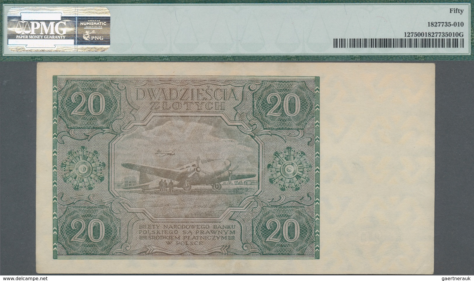 Poland / Polen: 20 Zlotych 1946, P.127, Serial Number E1161721, PMG Graded 50 About Uncirculated. - Pologne