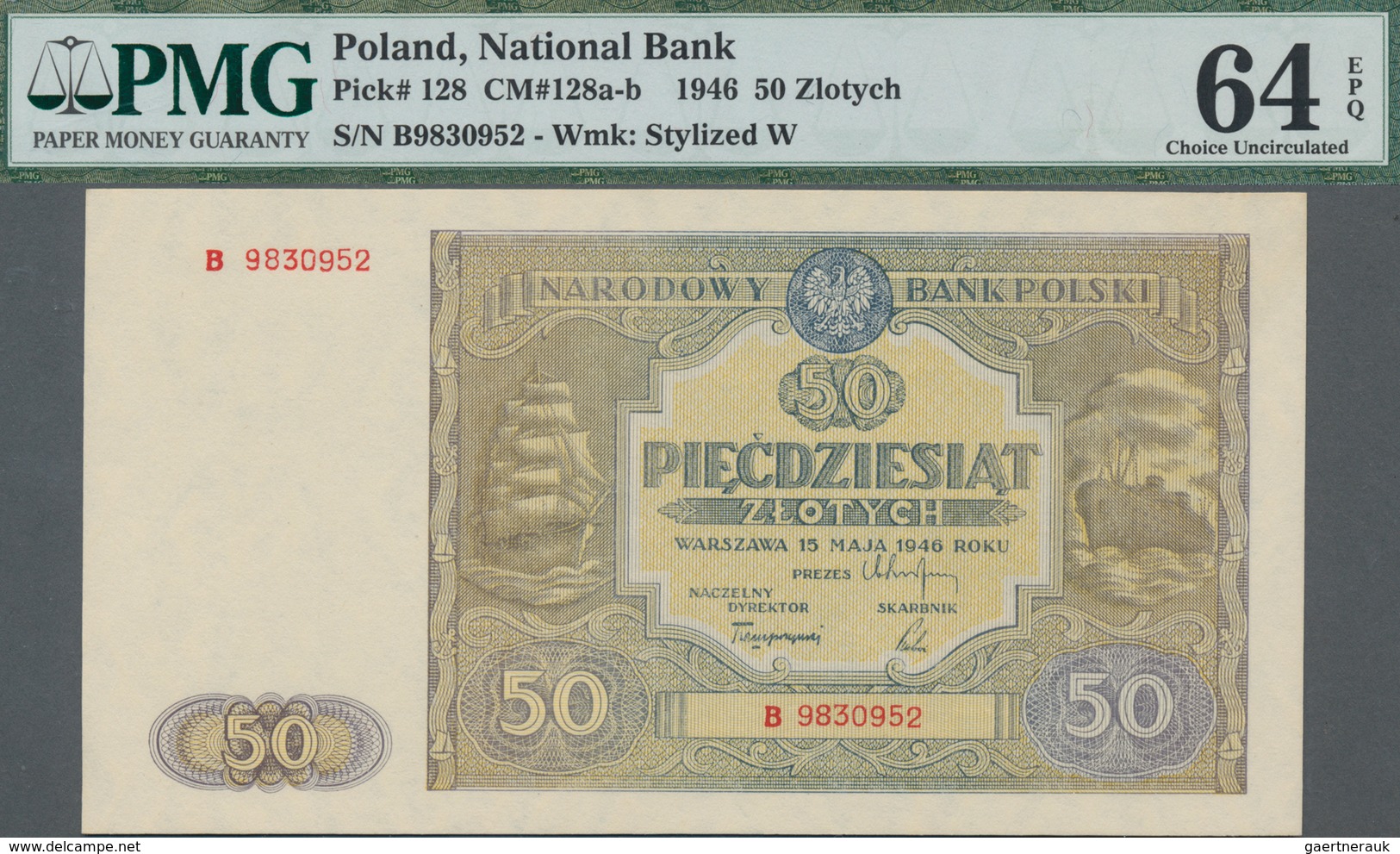 Poland / Polen: 50 Zlotych 1946, P.128, Serial Number B9830952, PMG Graded 64 Choice Uncirculated EP - Polen