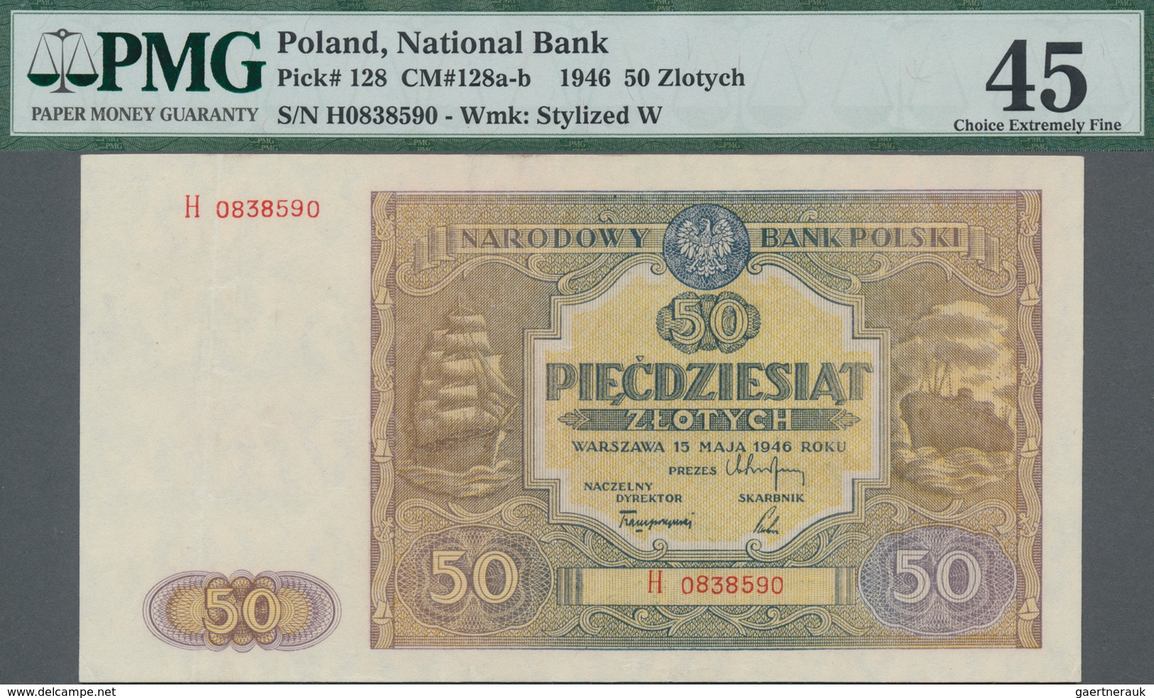 Poland / Polen: 50 Zlotych 1946, P.128, Serial Number H0838590, PMG Graded 45 Choice Extremely Fine. - Poland