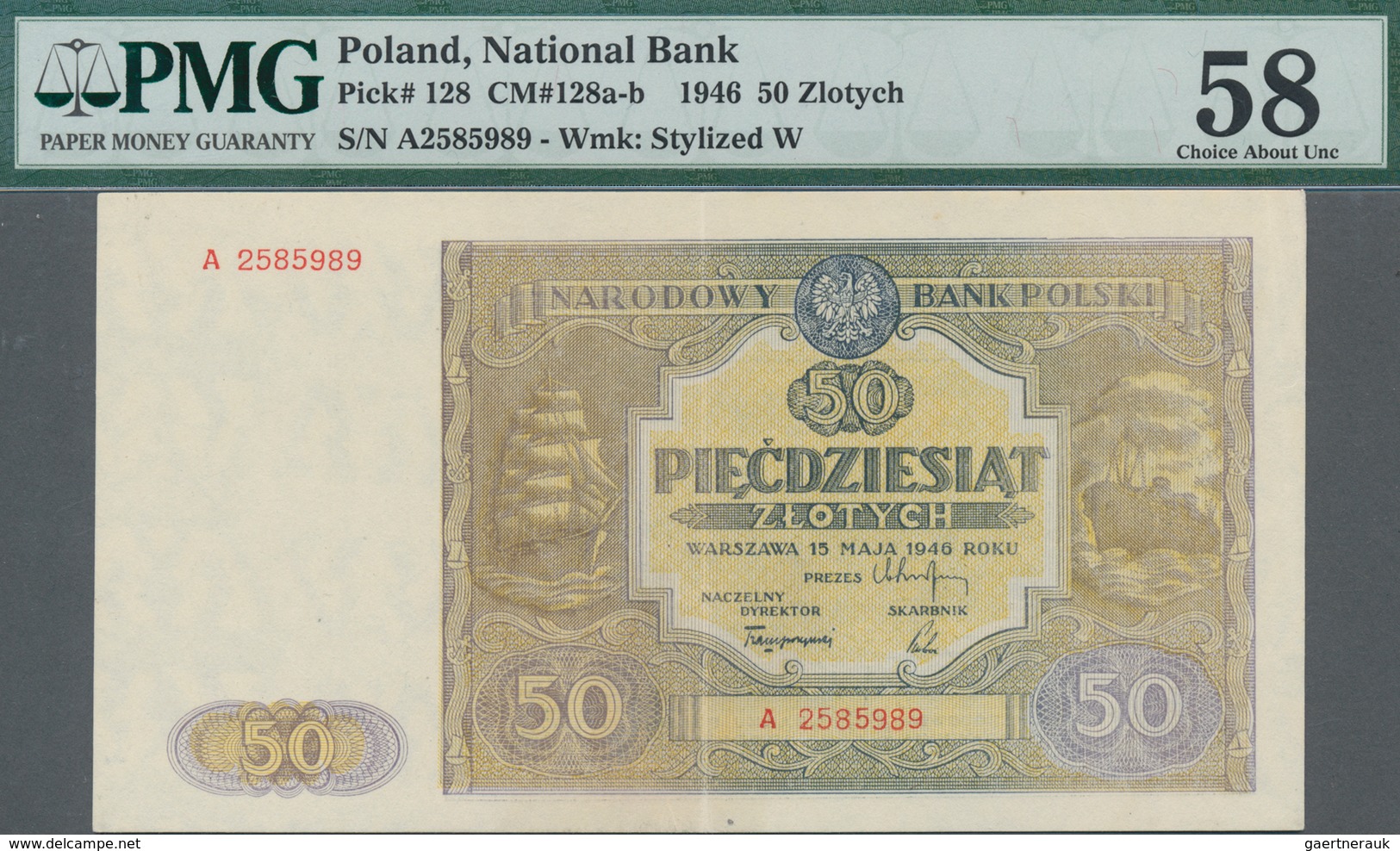 Poland / Polen: 50 Zlotych 1946, P.128, Serial Number A2585989, PMG Graded 58 Choice About Unc. - Poland