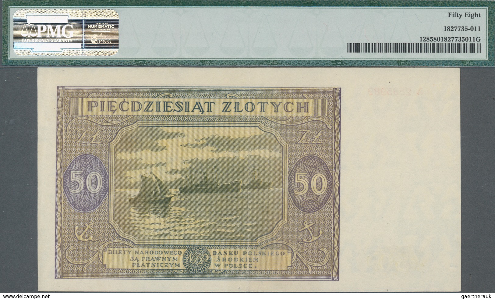 Poland / Polen: 50 Zlotych 1946, P.128, Serial Number A2585989, PMG Graded 58 Choice About Unc. - Polen