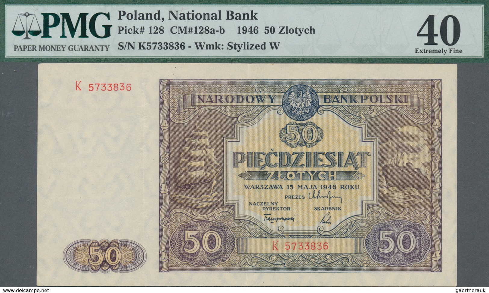 Poland / Polen: 50 Zlotych 1946, P.128, Serial Number K5733836, PMG Graded 40 Extremely Fine. - Polen