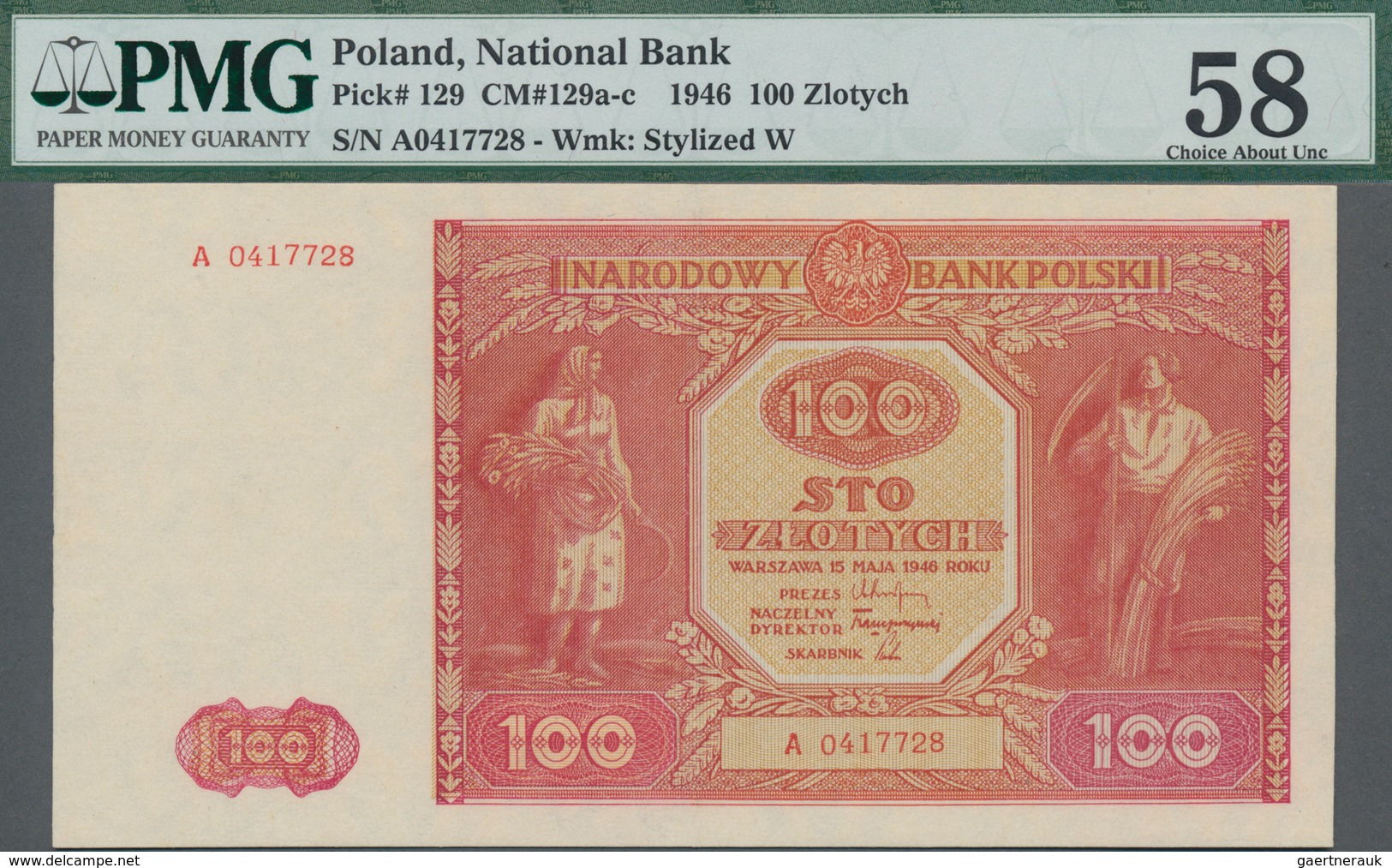 Poland / Polen: 100 Zlotych 1946, P.129, Serial Number A0417728, PMG Graded 58 Choice About Unc. - Poland