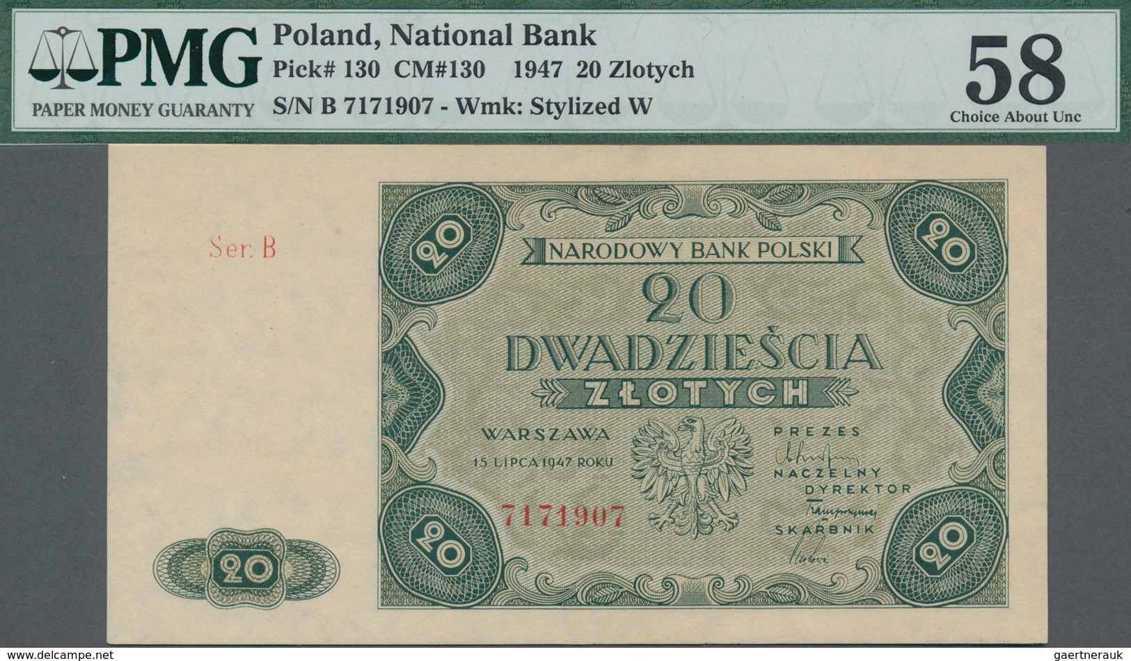 Poland / Polen: 20 Zlotych 1947, P.130, Serial Number Ser.B 7171907, PMG Graded 58 Choice About Unc. - Poland