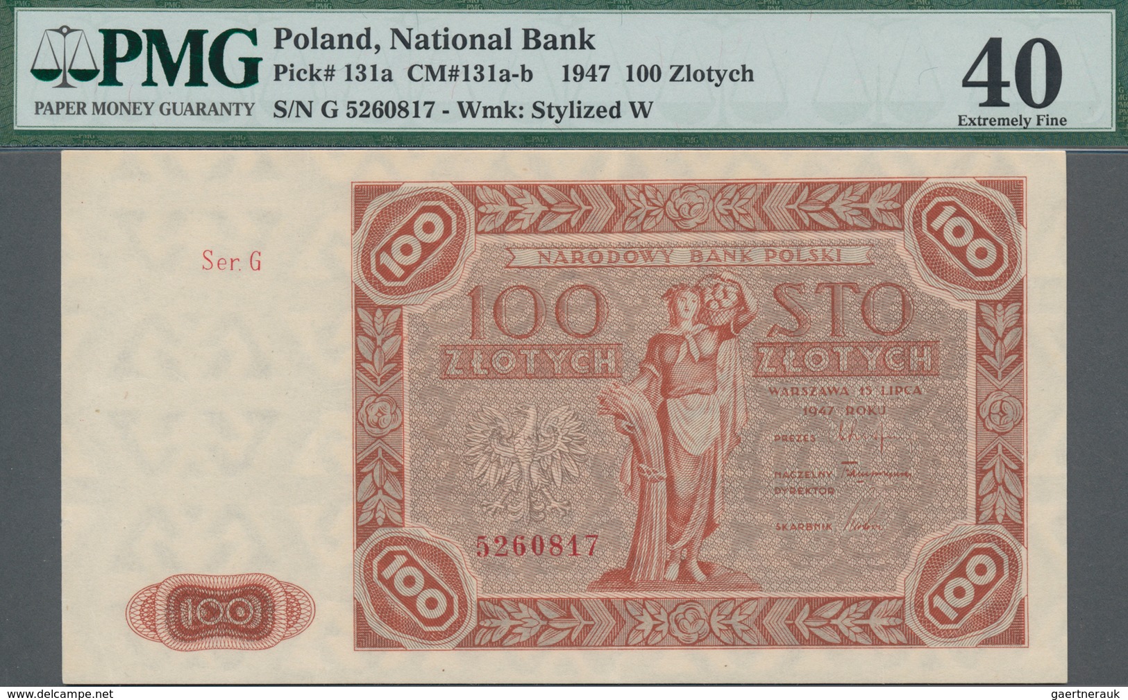 Poland / Polen: 100 Zlotych 1947, P.131a, Serial Number Ser.G 5260817, PMG Graded 40 Extremely Fine. - Polen
