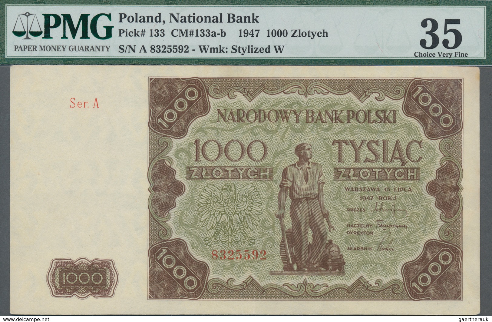 Poland / Polen: 1000 Zlotych 1947, P.133, Serial Number Ser.A 8325592, PMG Graded 35 Choice Very Fin - Poland