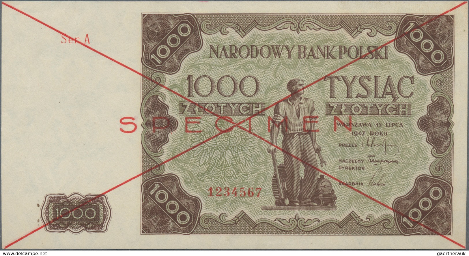 Poland / Polen: Narodowy Bank Polski 1000 Zlotych 1947 SPECIMEN, P.133s With Cross Cancellation, Red - Polen