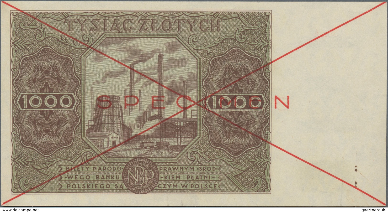 Poland / Polen: Narodowy Bank Polski 1000 Zlotych 1947 SPECIMEN, P.133s With Cross Cancellation, Red - Polen