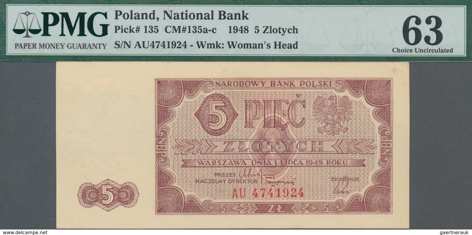 Poland / Polen: 5 Zlotych 1948, P.135, Serial Number AU 4741924, PMG Graded 63 Choice Uncirculated. - Polen