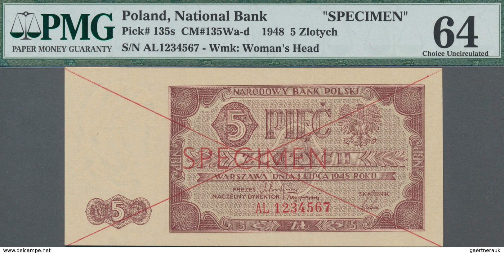 Poland / Polen: 5 Zlotych 1948 SPECIMEN, P.135s With Cross Cancellation, Red Overprint "Specimen" An - Poland