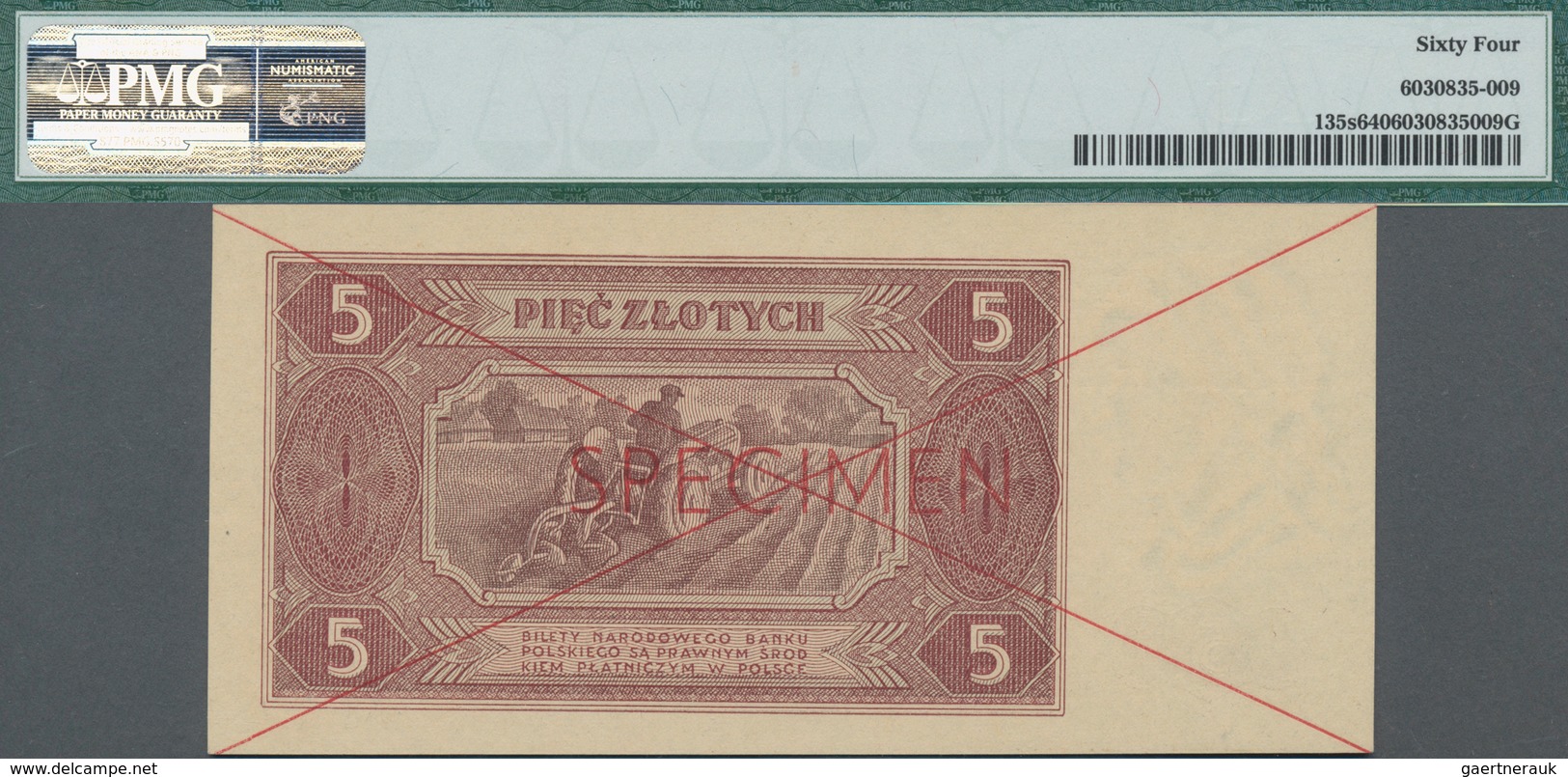 Poland / Polen: 5 Zlotych 1948 SPECIMEN, P.135s With Cross Cancellation, Red Overprint "Specimen" An - Polen