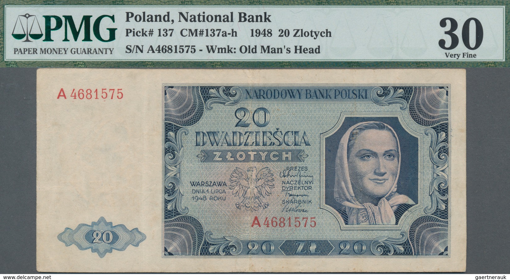 Poland / Polen: 20 Zlotych 1948, P.137 With Single Letter Serial Number A4681575, PMG Graded 30 Very - Pologne