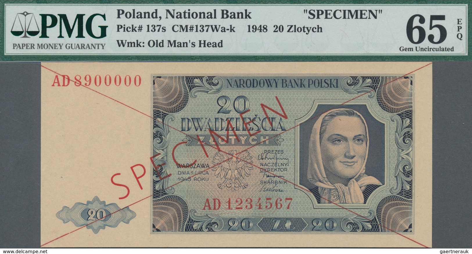 Poland / Polen: 20 Zlotych 1948 SPECIMEN, P.137s With Cross Cancellation, Red Overprint "Specimen" A - Poland