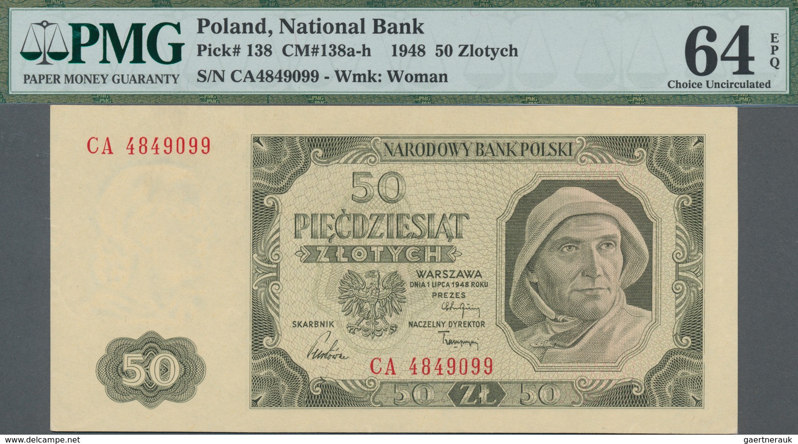 Poland / Polen: 50 Zlotych 1948, P.138, Double Letter Serial Number CA4849099, PMG Graded 64 Choice - Polen