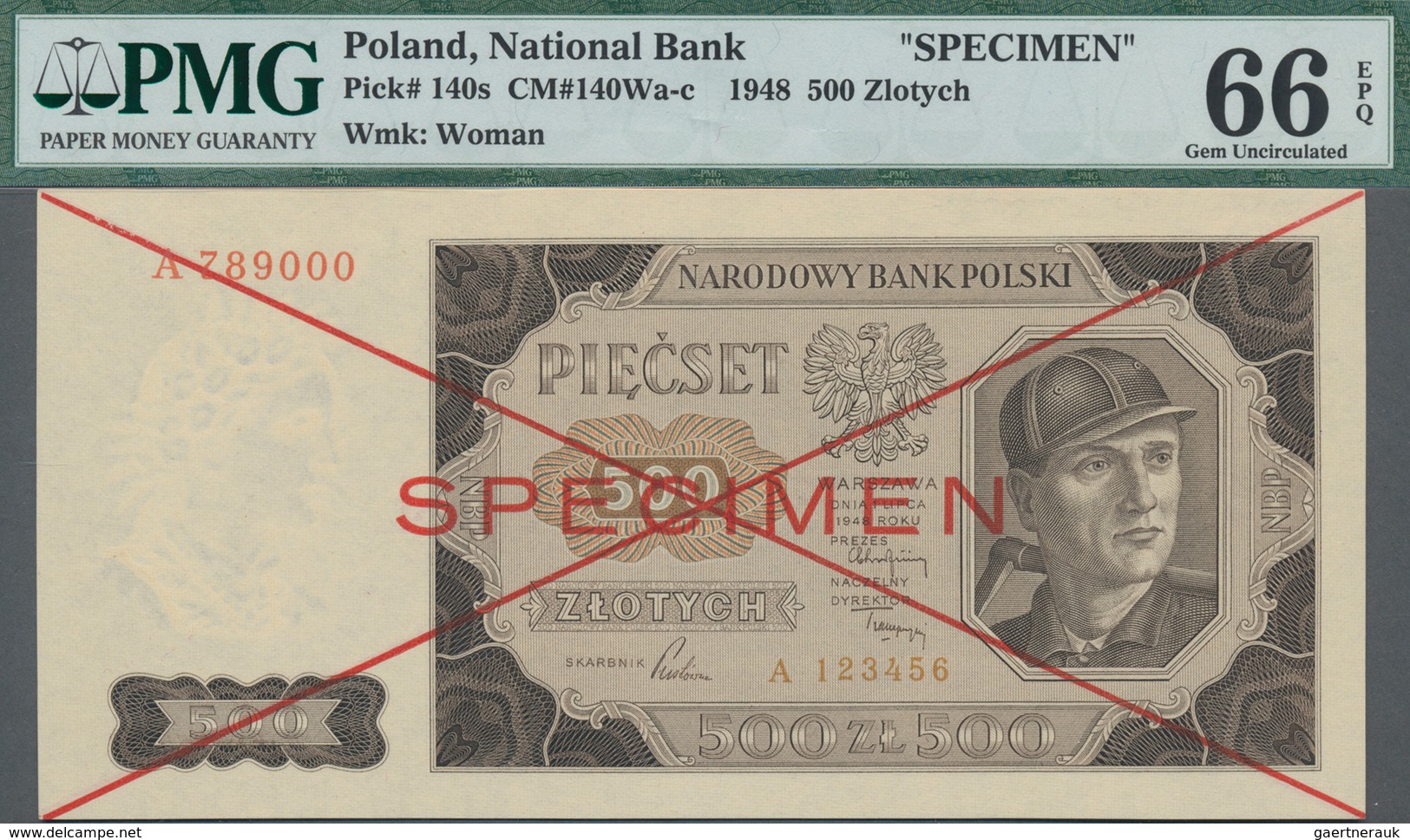 Poland / Polen: 500 Zlotych 1948 SPECIMEN, P.140s, With Cross Cancellation, Single Letter Serial Num - Poland