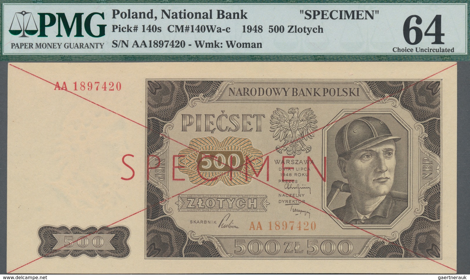 Poland / Polen: 500 Zlotych 1948 SPECIMEN, P.140s With Cross Cancellation, Red Overprint "Specimen" - Poland