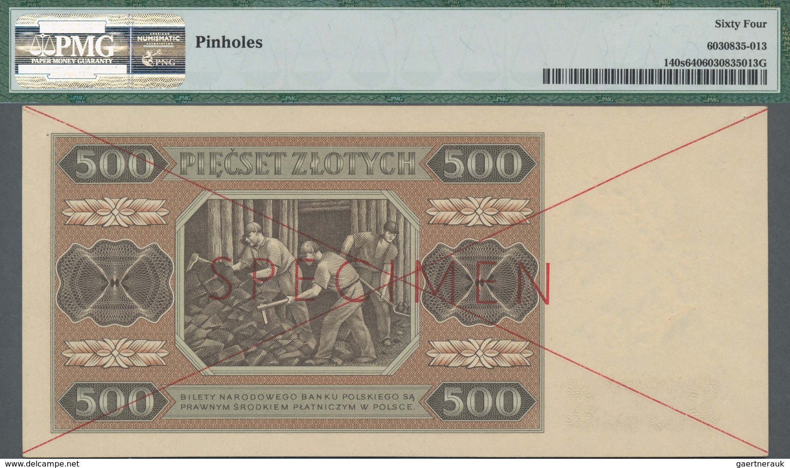 Poland / Polen: 500 Zlotych 1948 SPECIMEN, P.140s With Cross Cancellation, Red Overprint "Specimen" - Poland