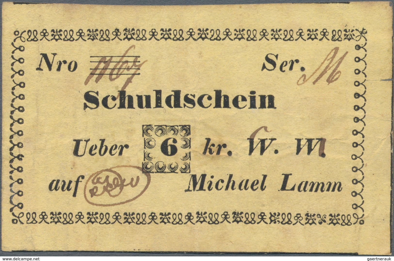 Poland / Polen: Staromiasto – Michael Lamm Schuldschein über 6 Kreuzer 1848, P.NL (Podcziaski GA-037 - Poland