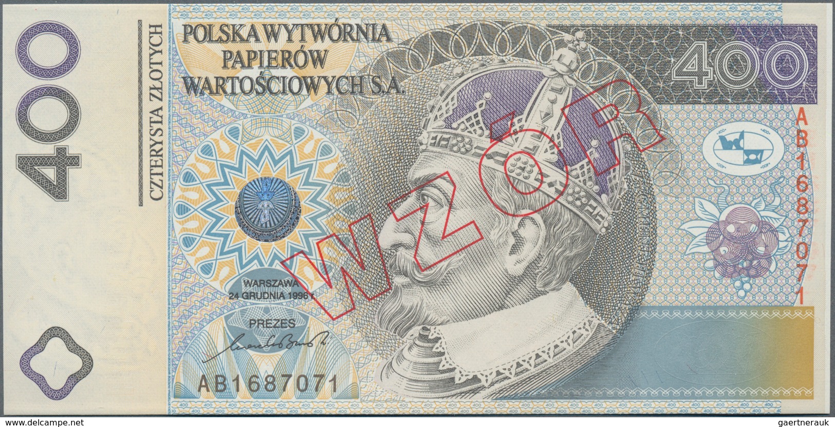 Poland / Polen: Test Banknote 400 Zlotych 1996 With Hologram Patch At Center, Overprint "WZOR", Seri - Poland