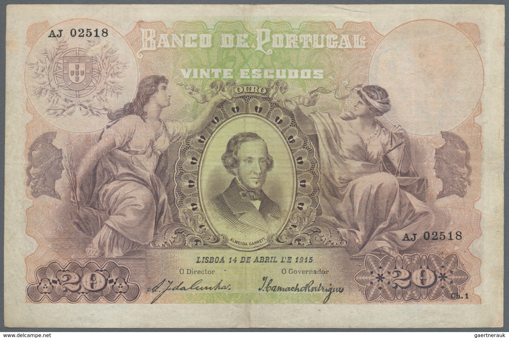 Portugal: Banco De Portugal 20 Escudos 1915, P.115, Very Nice With A Few Repaired Tears And Repaired - Portugal