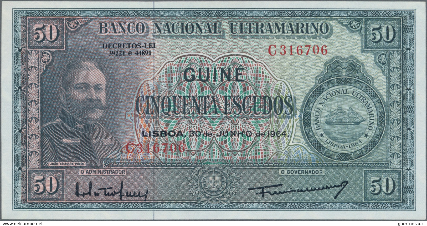 Portuguese Guinea  / Portugiesisch Guinea: Banco Nacional Ultramarino 50 Escudos 1964, P.40a In Perf - Guinée