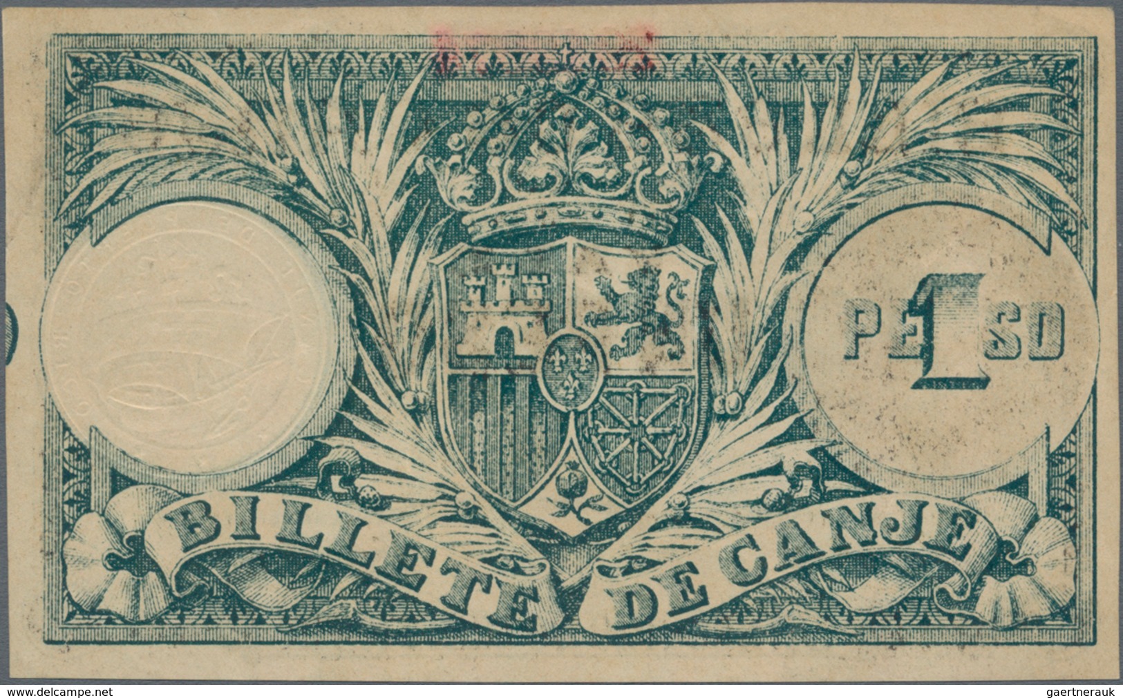 Puerto Rico: Billete De Canje - Exchange Note 1 Peso 1895 Without Counterfoil, P.7c, Small Diagonal - Puerto Rico