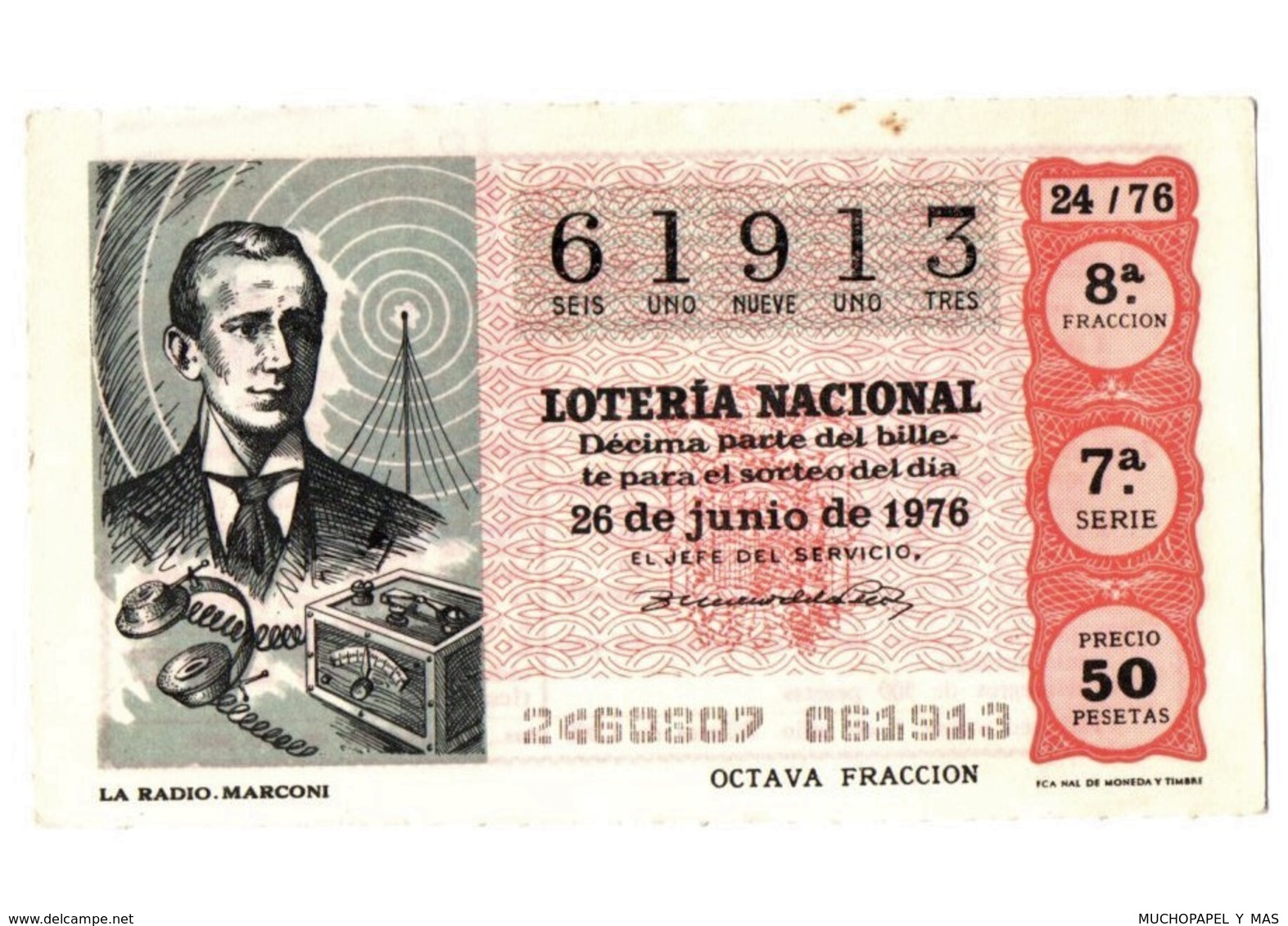 SPAIN CUPÓN DÉCIMO DE LOTTERY LOTERIE LOTERÍA 1976 THE LA RADIO GUILLERMO GUGLIELMO MARCONI ITALIA ITALY ENGINEER VER... - Billets De Loterie