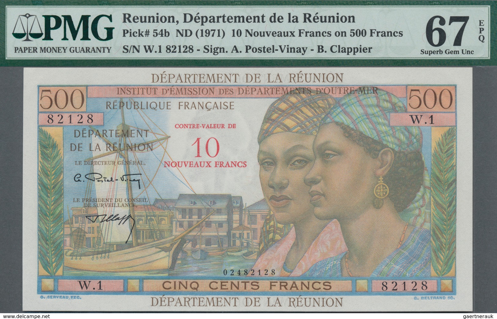 Réunion: Institut D'Émission Des Départements D'Outre-Mer 10 Nouveaux Francs Overprint On 500 Francs - Réunion